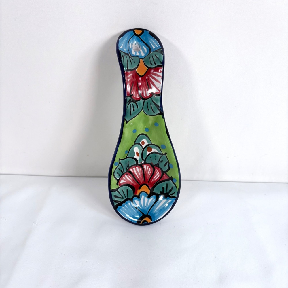 Talavera Spoon Rest Multicolor Hand Painted Mexican Pottery Floral Ceramic 9in
